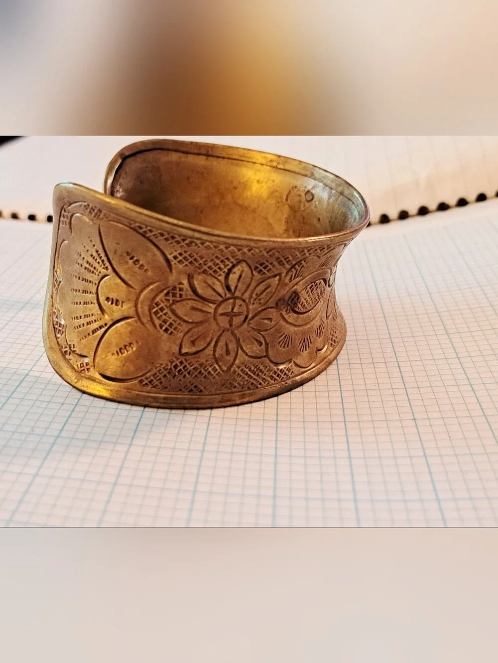 Gold Floral Engraved Wide Wrist Cuff Bracelet